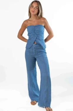 Pantalón 100% Lino Desflecado Azul