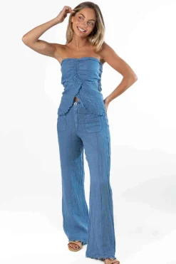 Pantalón 100% Lino Desflecado Azul