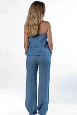 Pantalón 100% Lino Desflecado Azul