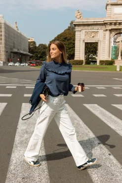 Pantalón Tachuelas Cremallera Blanco