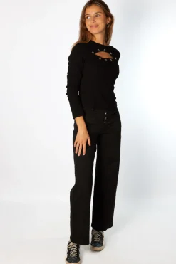 Pantalón Talle Alto Recto Botones Negro