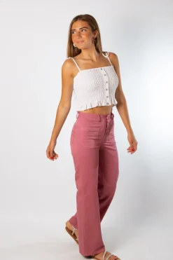 Pantalón Talle Alto Recto Botones Rosa