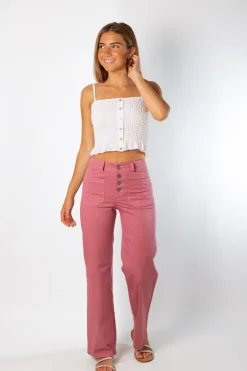 Pantalón Talle Alto Recto Botones Rosa