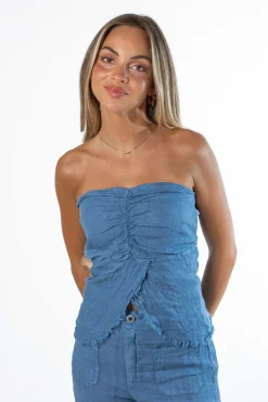 Top 100% Lino Desflecado Azul