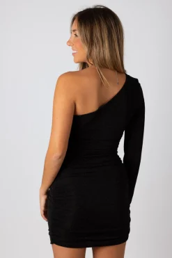 Vestido Asimétrico Drapeado Lúrex Negro